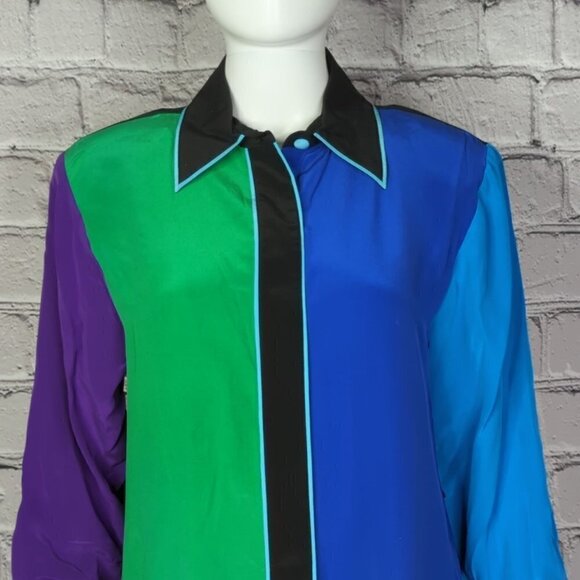 Bob Mackie Silk Color Block Button Down Top, Women's Small - Picture 1 of 9